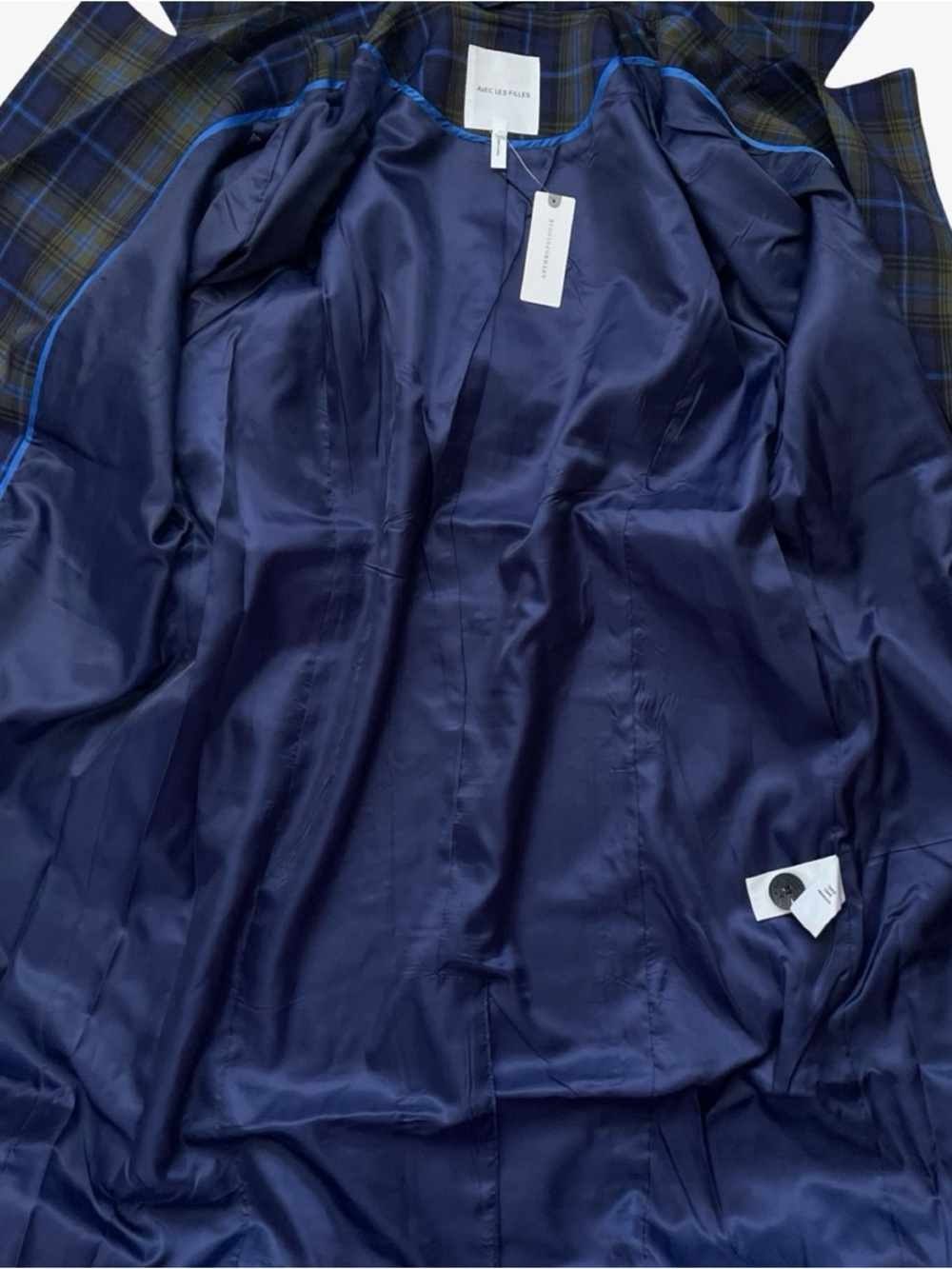 Avec Les Filles Double-Breasted Trench Coat Navy Plaid Large NWT - Picture 12 of 16